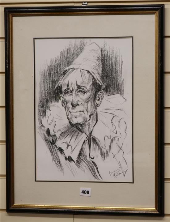 Franco Mattiana, charcoal, Portrait of a clown, signed, 40 x 28cm